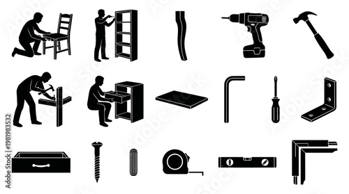 Furniture Assembly Icons - Tools and People Building Wood Furniture