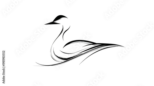 Elegant minimalist black line art illustration of a swan or duck swimming. Simple nature bird graphic design element.