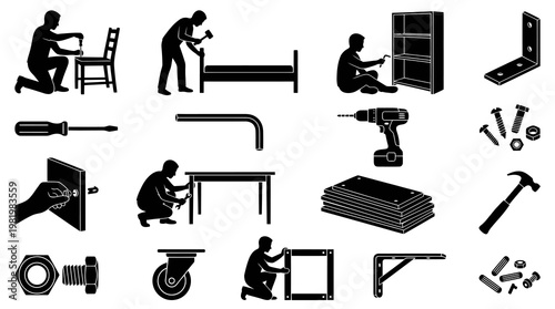 Black and white furniture assembly icons and tools