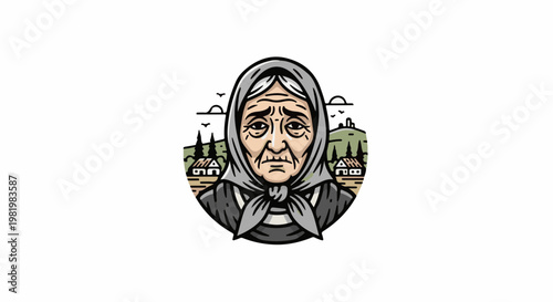 Stylized portrait of a weathered elderly woman in a headscarf, rural background