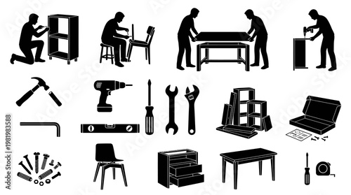 DIY Home Furniture Assembly Tools and People Black Silhouette Icon Set
