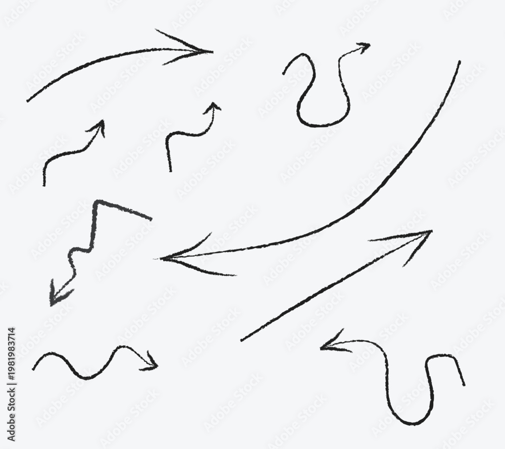 Obraz premium A collection of nine black hand-drawn, sketched charcoal textured arrows, featuring unique wavy, curved, zigzag, and looping shapes on a plain background for creative design direction.