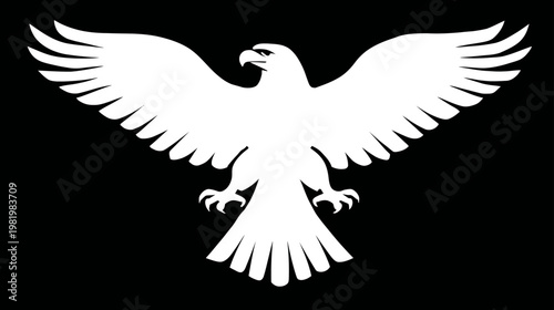 White eagle silhouette with wings spread on black background, powerful bird of prey symbol of freedom, strength and majesty.