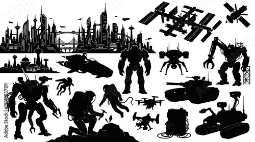 Science Fiction Technology  Space Exploration Silhouette Icon Set