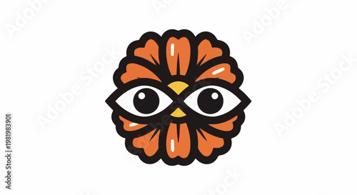Stylized orange flower with large, watchful eyes in the center