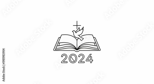Stylized open book with dove, cross, and year 2024