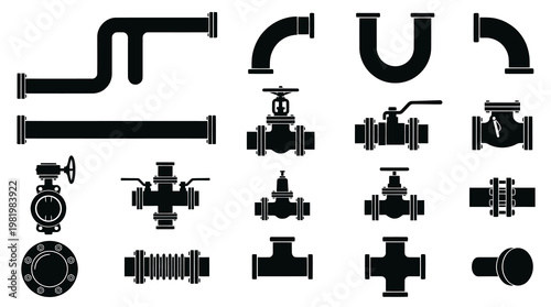 Black  White Industrial Plumbing Icons: Valves, Pipes, Fittings, and Flanges