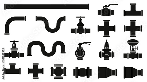 Plumbing Industrial Pipe Fittings and Valves Silhouette Vector Icons Set