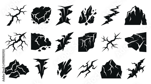 Abstract Geology Black  White Glyph Icons: Cracks, Broken Earth, Rock  Fissures Set