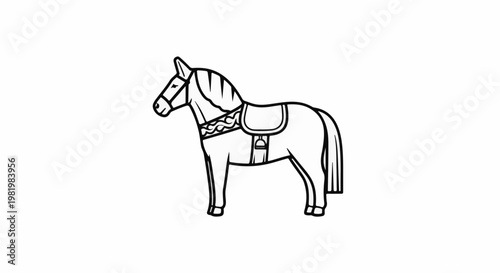 Stylized outline drawing of a horse with saddle