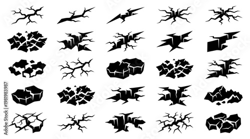 Cracked Ground and Earth Surface Breakage Black Icons Set