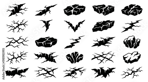 Black Silhouette Cracks Vector Set. Broken Earth, Ground Fissures  Rocks for Disaster Design.