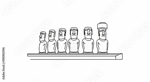 Stylized outline drawing of six monolithic stone figures with distinctive heads