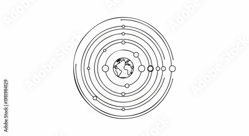 Stylized outline of planets orbiting a central celestial body, likely the sun