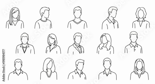 Stylized outline portraits of diverse individuals with varied hairstyles and attire