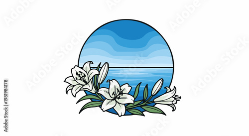Stylized oval landscape with layered blue sky over water, adorned with white lilies