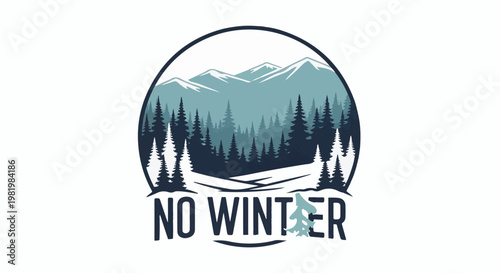 Stylized oval landscape with pine trees and snowy mountains