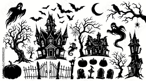 Spooky Halloween Silhouettes - Haunted Houses, Ghosts, Bats, Pumpkins, Cemetery