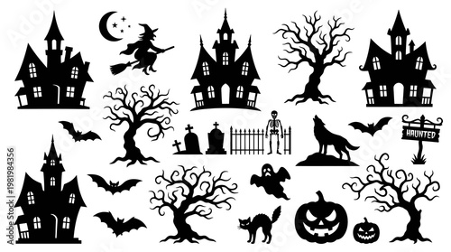 Halloween Black Silhouette Icons: Haunted Houses, Witch, Pumpkin, Ghost, Wolf
