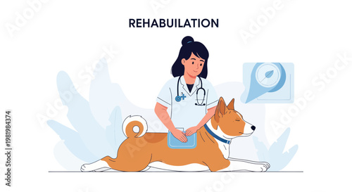 Veterinarian examining a dog during rehabilitation therapy, modern flat illustration.