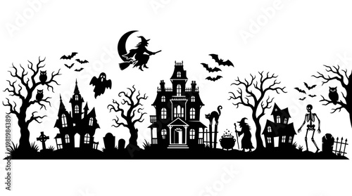 Halloween Haunted House Silhouette with Witch, Ghost, Skeleton, Bats