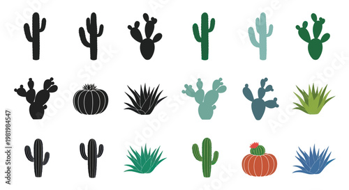 Desert Cactus Plant Collection Icons Set Silhouette Vector