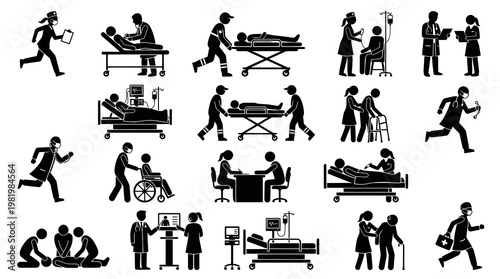 Healthcare Workers and Patients Medical Glyph Pictograms Set