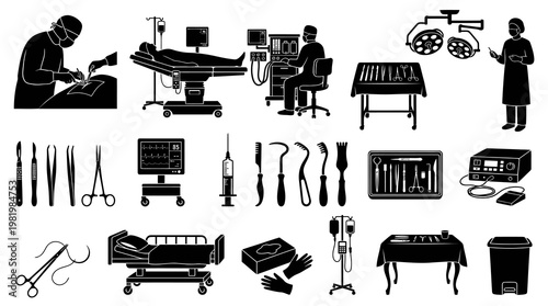 Medical Surgery Operating Room Icons Set - Black and White Glyph Silhouettes