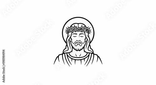 Stylized line art portrait of a religious figure with closed eyes and a halo