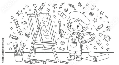 Cute child artist painting on canvas with art supplies, creative hobby, line art illustration