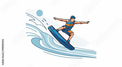 Stylized illustration of a person wakeboarding on a wave