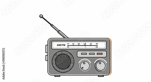 Stylized illustration of a portable AM/FM radio with an antenna and tuning dial