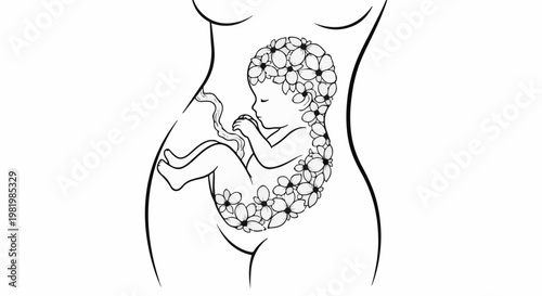 Stylized illustration of a pregnant belly with a fetus composed of flowers