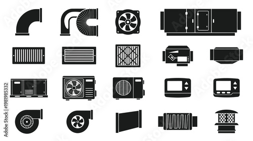 HVAC System Components Glyph Icons Set for Heating Ventilation and Air Conditioning Industry