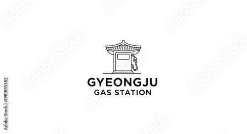 Stylized gas pump with traditional roof, text below