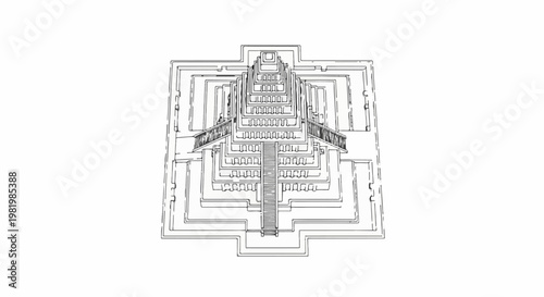 Stylized line drawing of a multi-tiered stepped pyramid structure with central stairs
