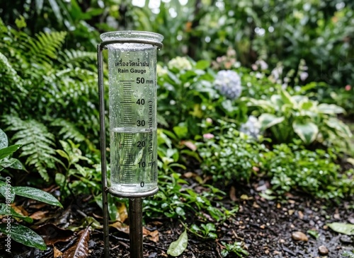 Generated AI: Precision Rain Gauge Measuring Rainfall in a Lush Green Garden Setting