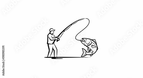 Stylized line drawing of a person fishing, reeling in a large fish