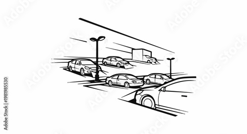 Stylized line drawing of cars in a parking lot with streetlights