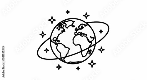 Stylized line drawing of Earth encircled by an oval orbit and surrounded by stars