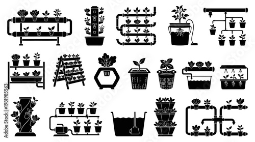 Hydroponics Systems Glyph Icons. Modern Agriculture and Urban Gardening Black White Set