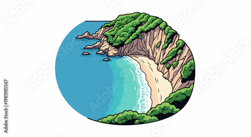 Stylized illustration of a sandy beach nestled against green cliffs by blue sea