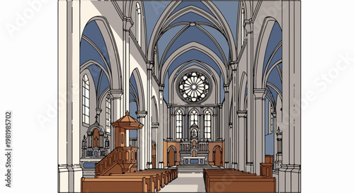 Stylized interior of a grand cathedral with vaulted ceilings and stained glass