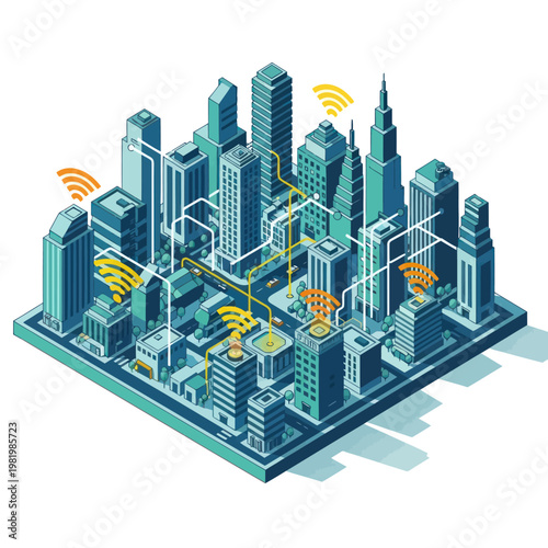 Isometric Smart City with Wireless Connectivity and Modern Architecture.