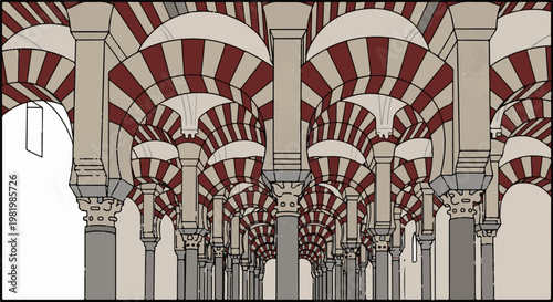 Stylized Islamic arches and columns create a repeating pattern of architectural grandeur