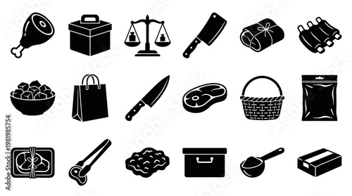 Food Icons Set: Meat, Scales, Basket, Knife, Packaging, Glyphs