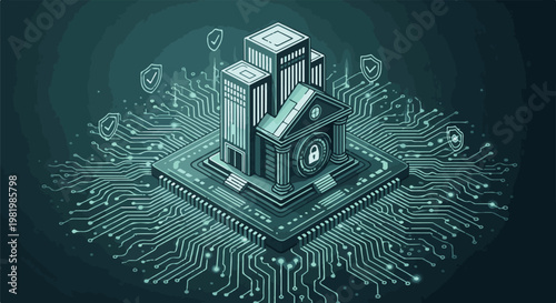 Stylized isometric depiction of a secure digital bank on a microchip