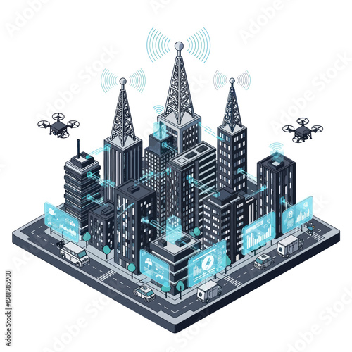 Isometric Smart City with Drones and Advanced Technology.