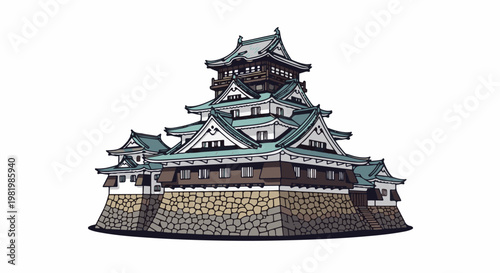 Stylized Japanese castle with layered roofs and stone base (1)