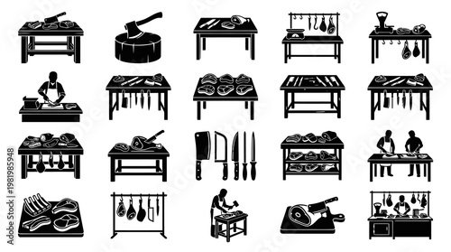 Butchery Meat Shop Glyph Icons Set: Butcher Tools, Tables, and Meat Products